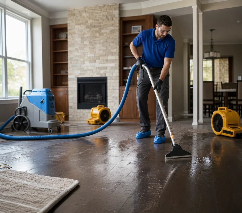 Technician extracting water from a residential living room with air movers staged nearby