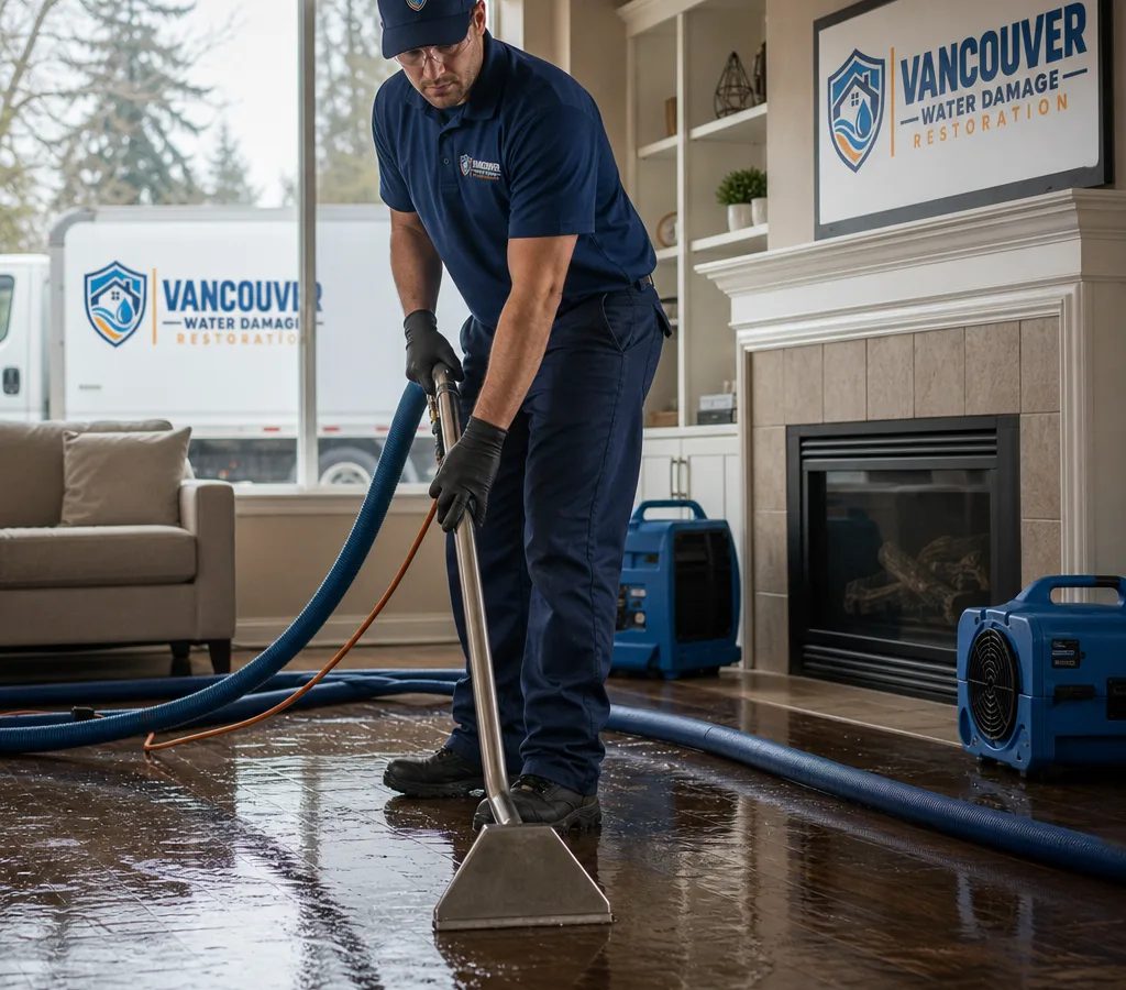 Technician extracting water from a residential living room with air movers staged nearby