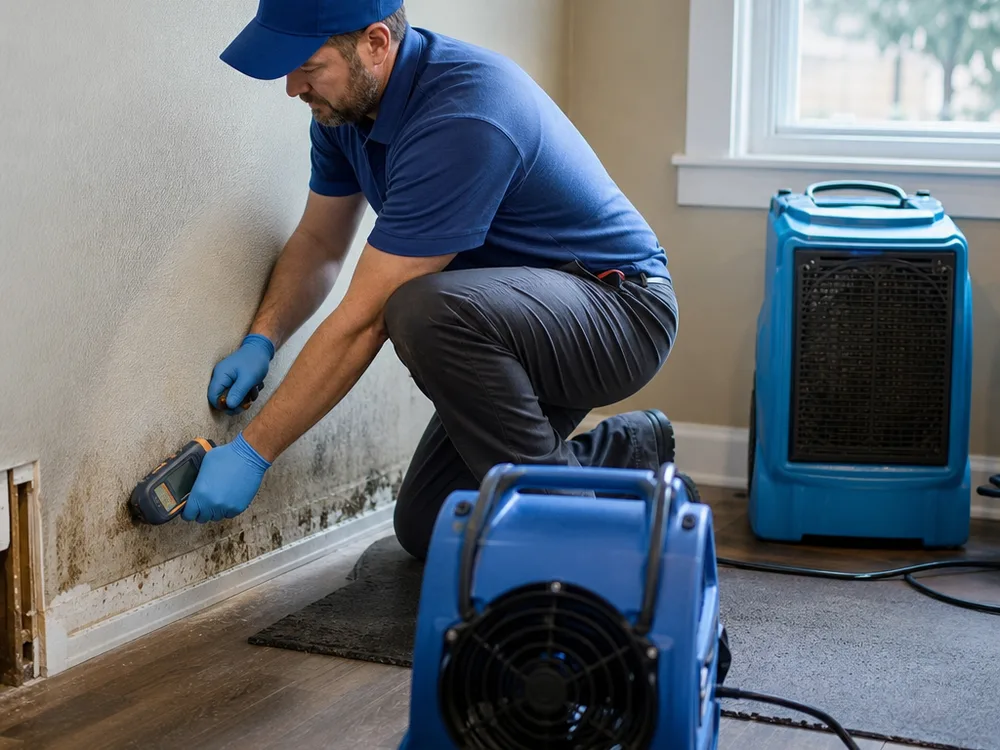 Moisture technician checking drywall and baseboards while drying equipment operates