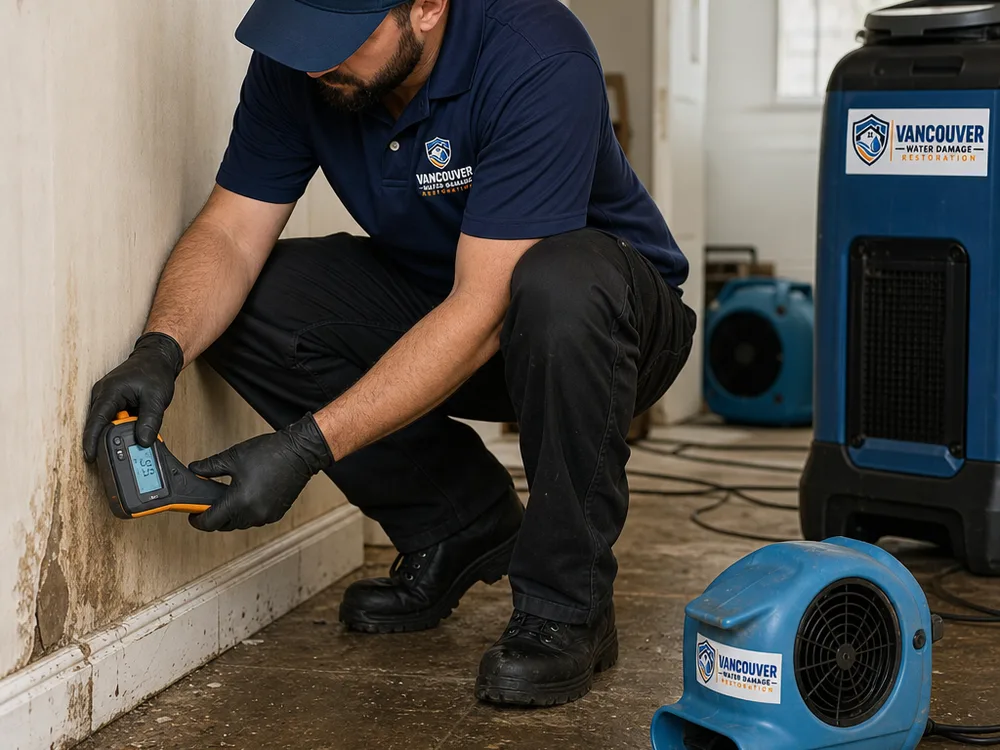 Moisture technician checking drywall and baseboards while drying equipment operates