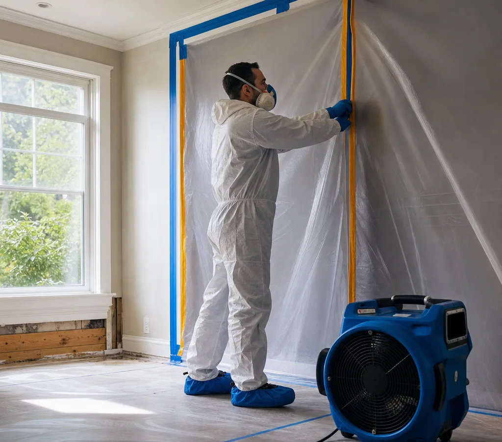 Technician in PPE setting up plastic containment and a negative air machine in a residential room during mold remediation