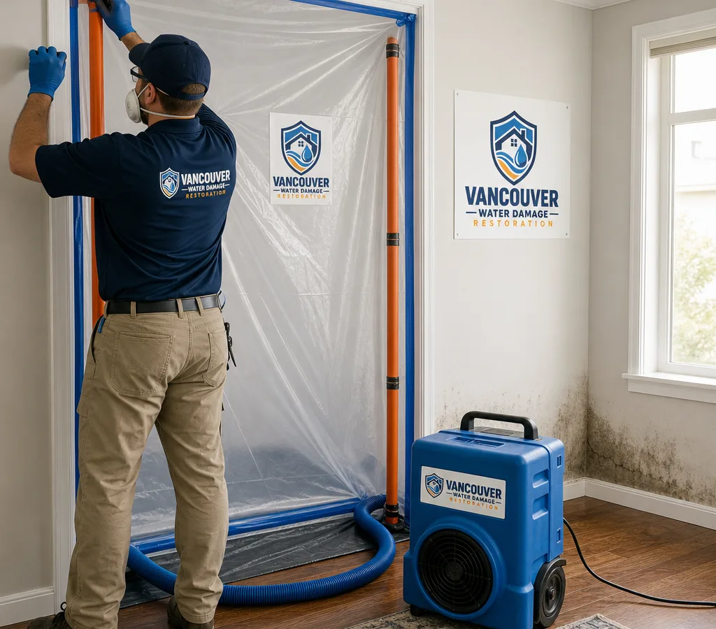 Technician in PPE setting up plastic containment and a negative air machine in a residential room during mold remediation
