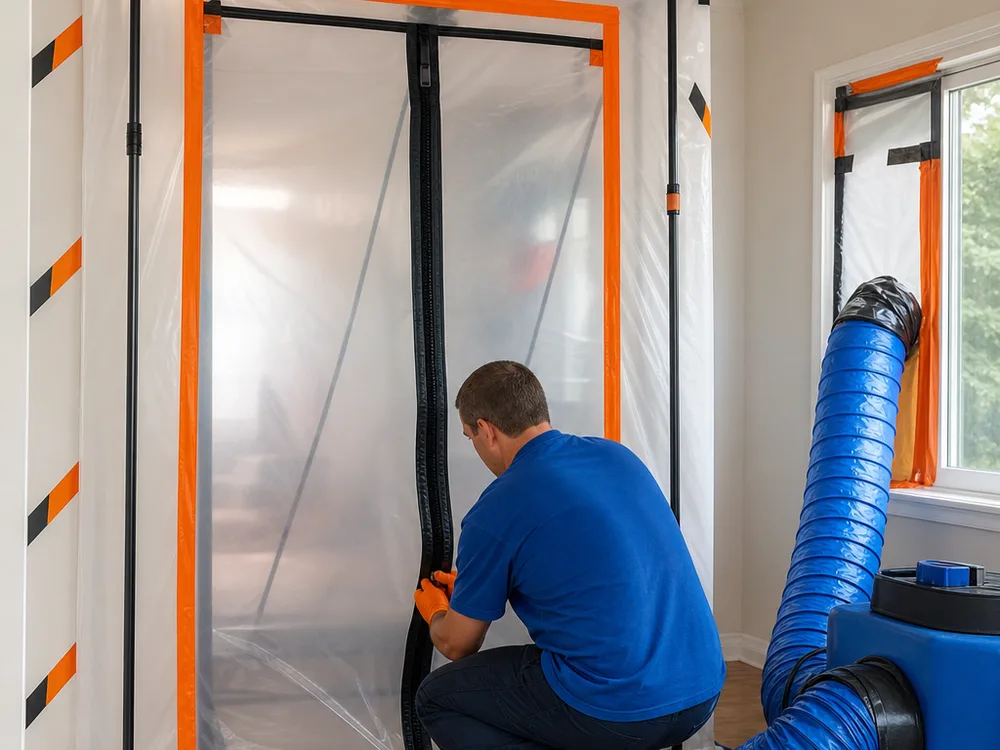 Sealed containment doorway with zipper, warning tape, and an air scrubber ducted to a window for negative pressure