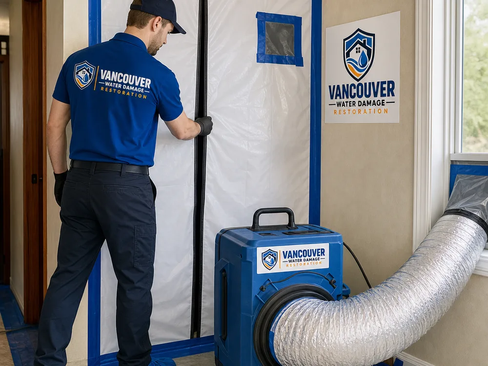 Sealed containment doorway with zipper, warning tape, and an air scrubber ducted to a window for negative pressure