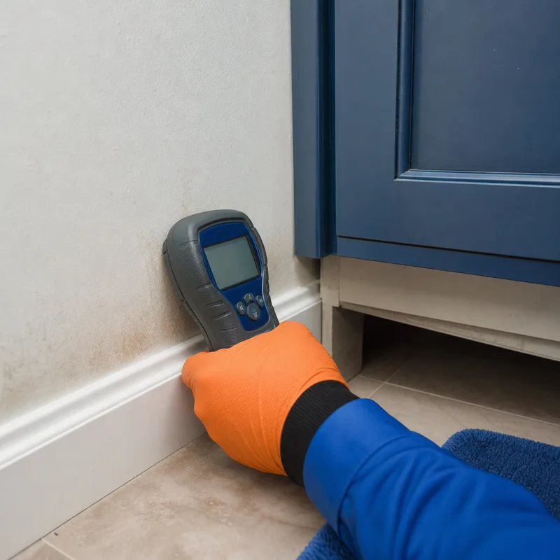 Moisture meter reading on drywall near a bathroom vanity and baseboard with discoloration at the cabinet toe-kick