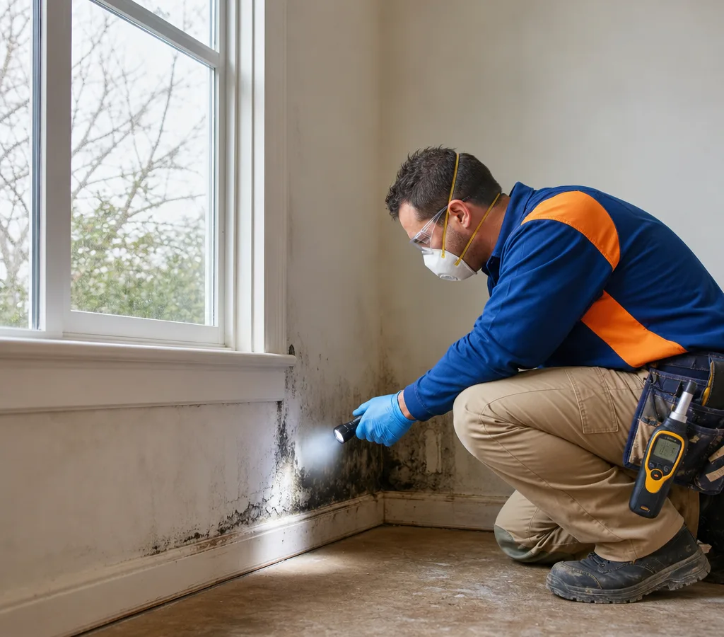 Inspector in protective gear examining suspected mold near a window and baseboard in a Vancouver home with a moisture meter visible