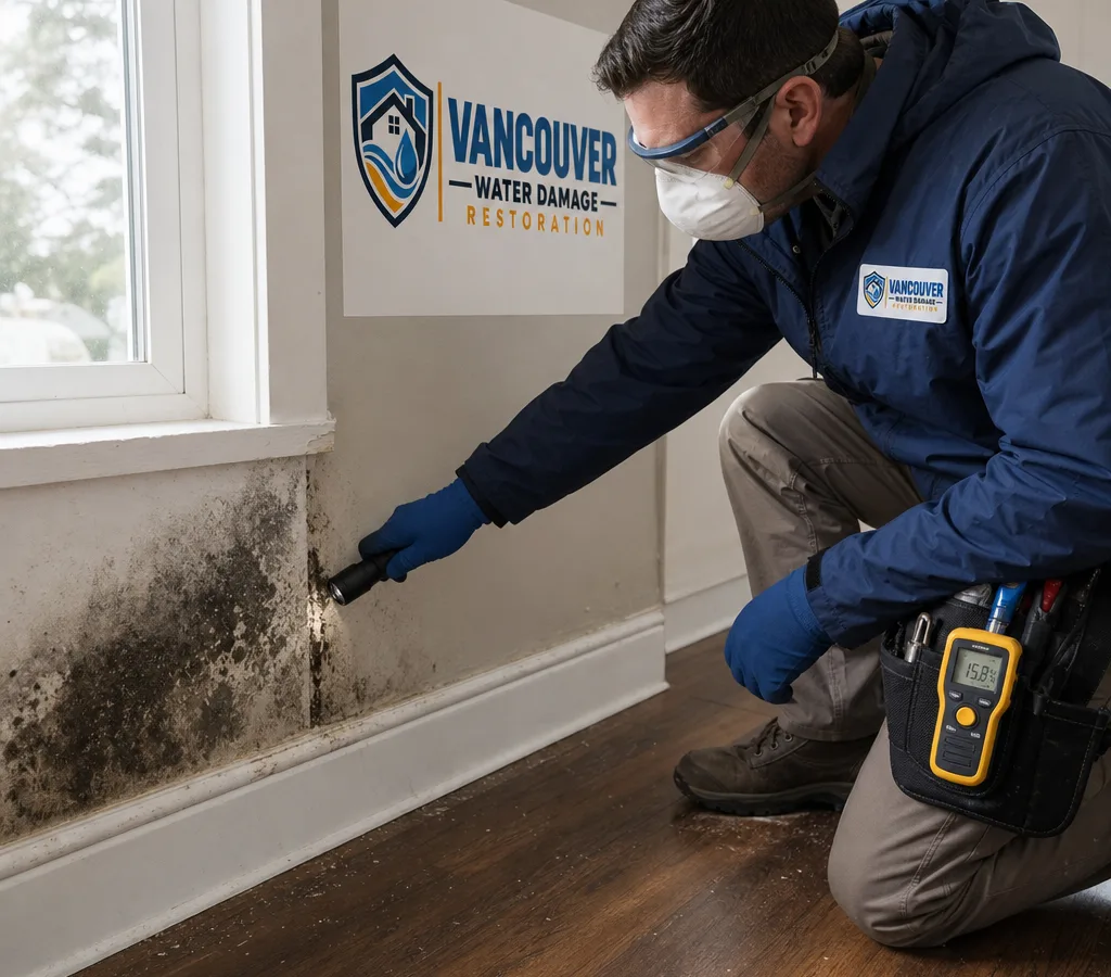 Inspector in protective gear examining suspected mold near a window and baseboard in a Vancouver home with a moisture meter visible