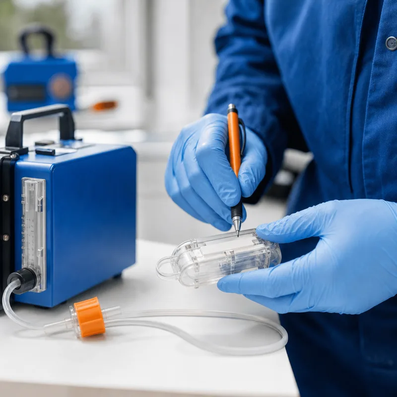 Close-up of a mold air sampling cassette and calibrated pump with gloved hands labeling the sample for a Vancouver job