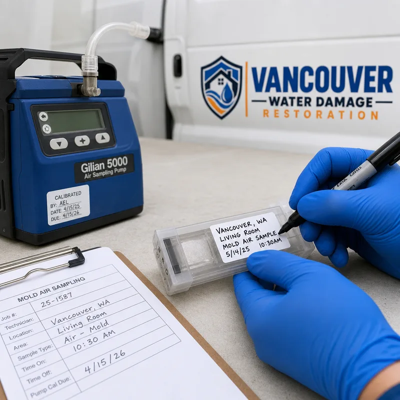 Close-up of a mold air sampling cassette and calibrated pump with gloved hands labeling the sample for a Vancouver job