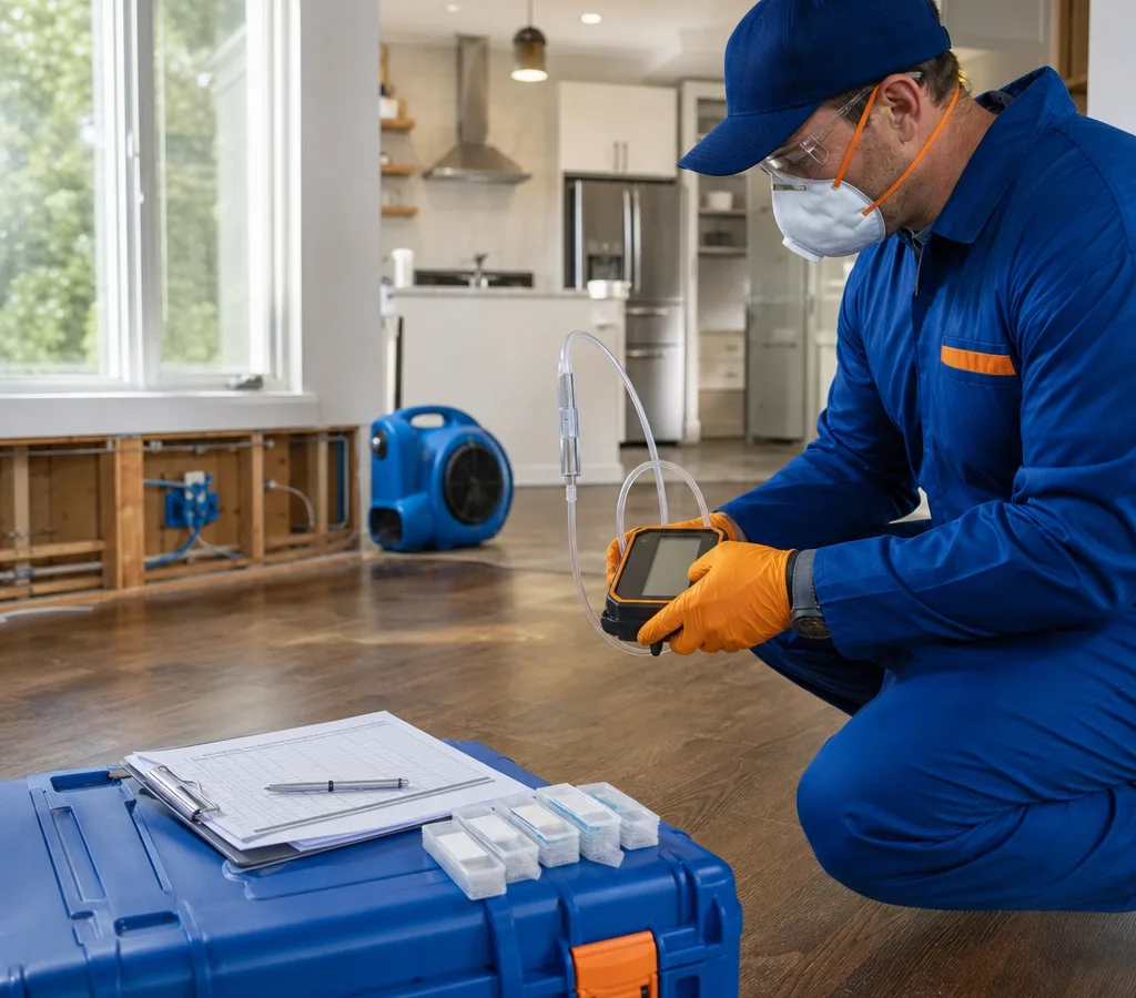 Inspector in PPE collecting an air sample with a calibrated pump inside a Vancouver home, with sample cassettes and chain-of-custody paperwork visible