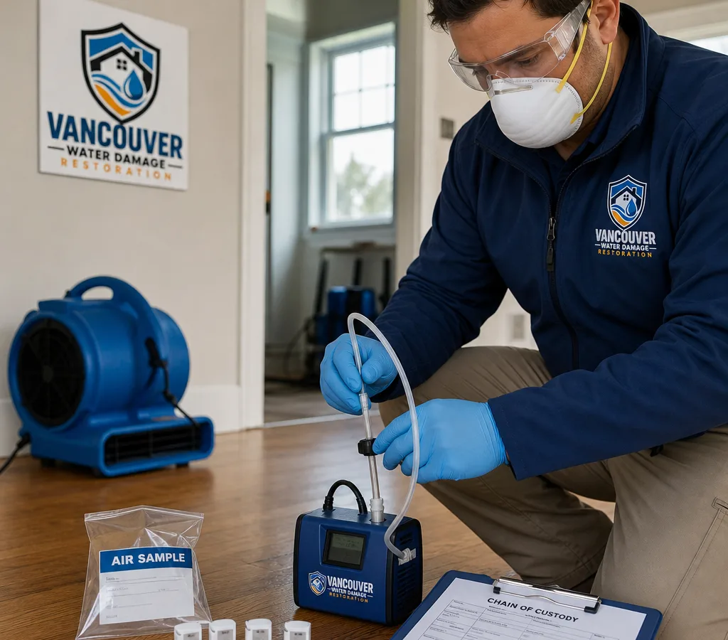 Inspector in PPE collecting an air sample with a calibrated pump inside a Vancouver home, with sample cassettes and chain-of-custody paperwork visible