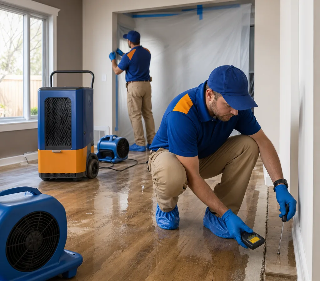 Technicians in protective gear assessing water damage in a Vancouver home with air movers and a dehumidifier staged