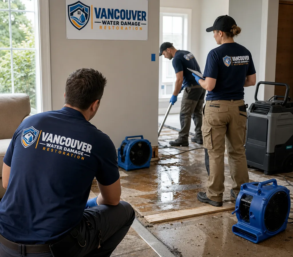 Technicians in protective gear assessing water damage in a Vancouver home with air movers and a dehumidifier staged