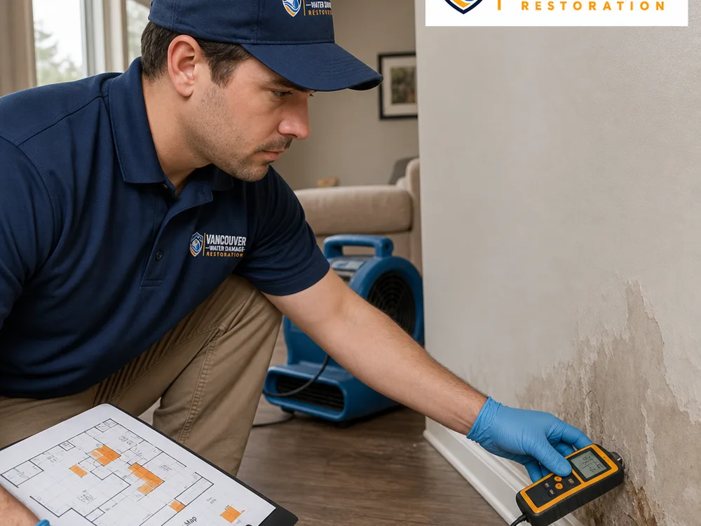 Technician taking moisture readings along baseboards and drywall with a moisture map clipboard in view