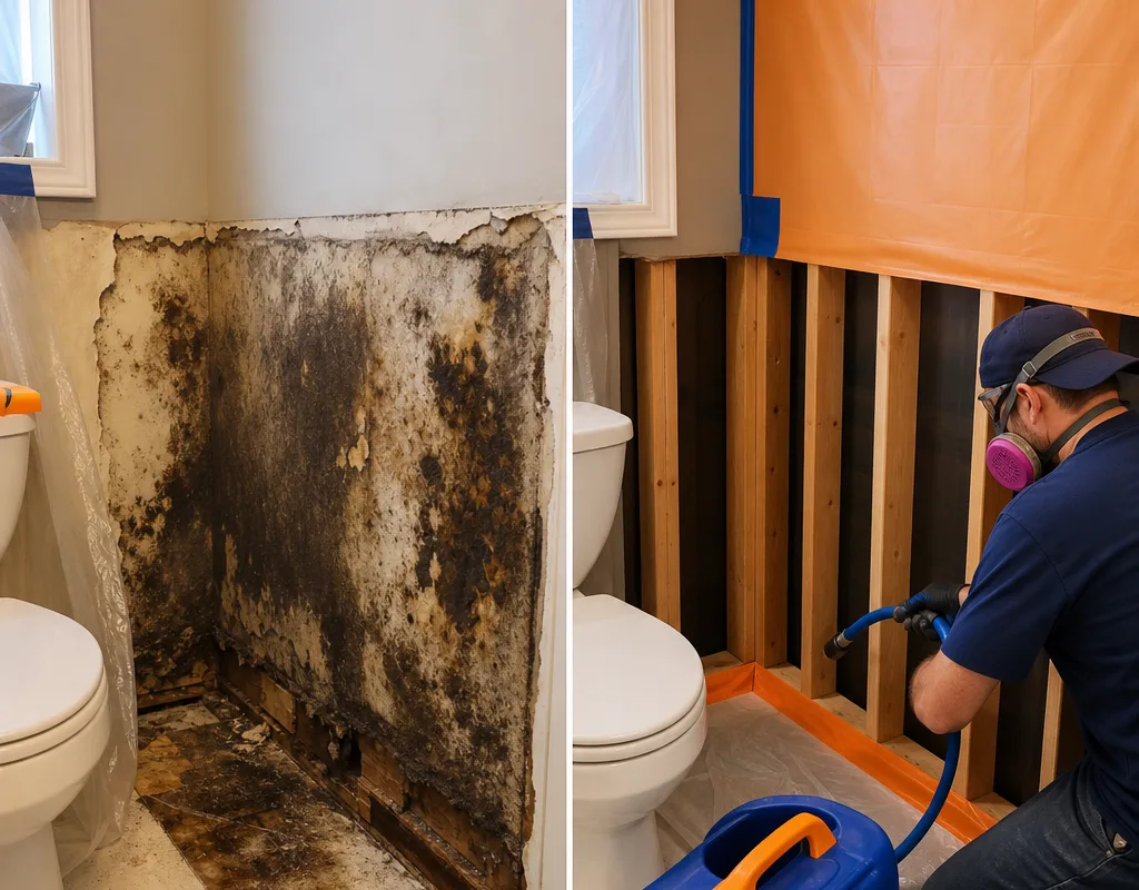 Before-and-after bathroom wall remediation showing mold staining and the area opened to clean framing under containment