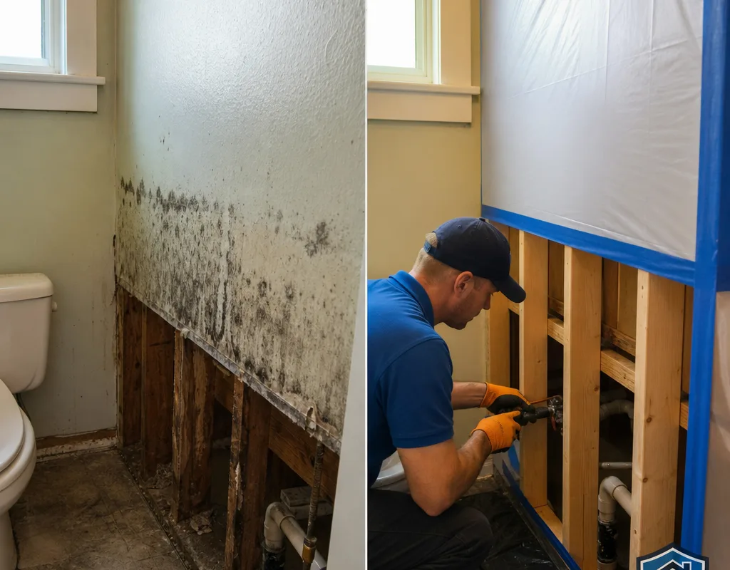 Before-and-after bathroom wall remediation showing mold staining and the area opened to clean framing under containment