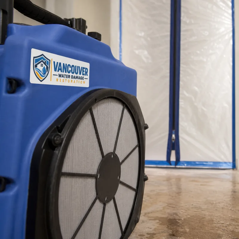 Close-up of a HEPA air scrubber intake with clean filters and a containment zipper door in the background