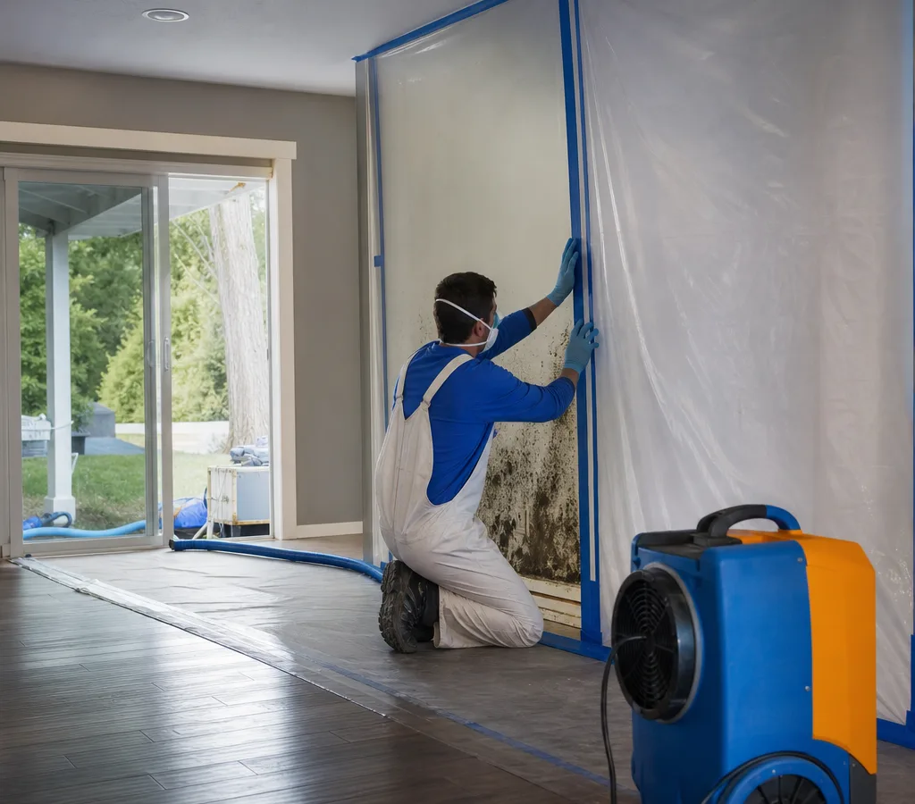 Certified technician in protective gear setting up containment around a mold-affected wall in a Vancouver home with a negative air machine visible