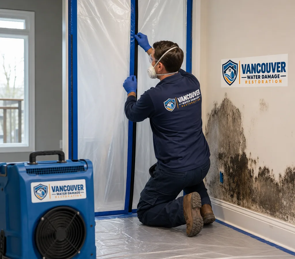 Certified technician in protective gear setting up containment around a mold-affected wall in a Vancouver home with a negative air machine visible