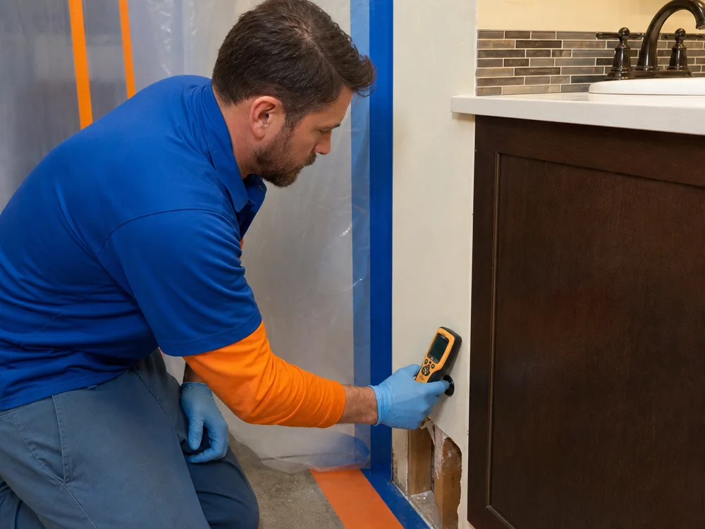 Technician using a moisture meter on drywall near a bathroom vanity with containment plastic visible behind the work area
