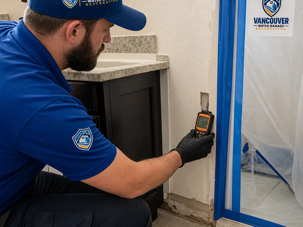 Technician using a moisture meter on drywall near a bathroom vanity with containment plastic visible behind the work area