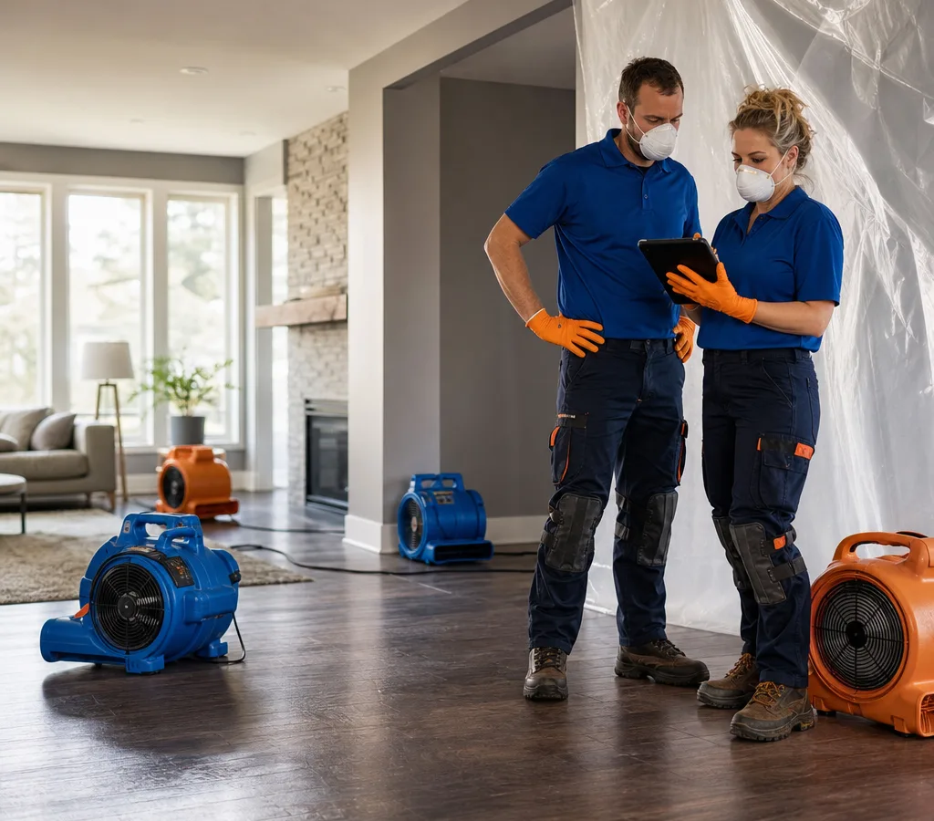 Restoration technicians in protective gear beside drying equipment, containment plastic, and air movers in a residential living room