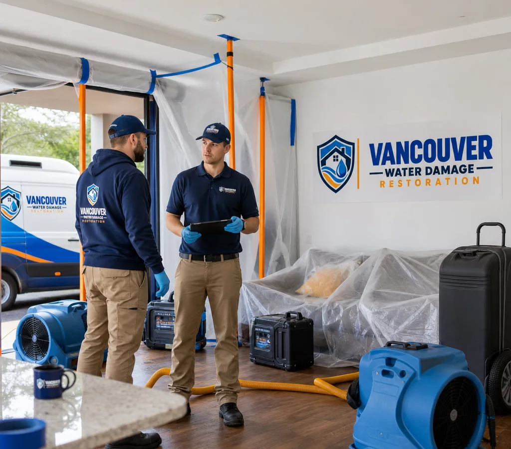 Restoration technicians in protective gear beside drying equipment, containment plastic, and air movers in a residential living room