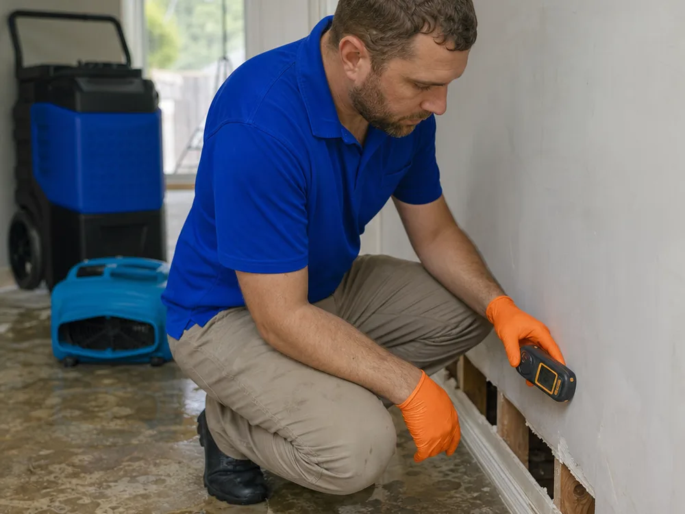 Technician using a moisture meter on drywall near a baseboard while a dehumidifier and air mover operate in the background