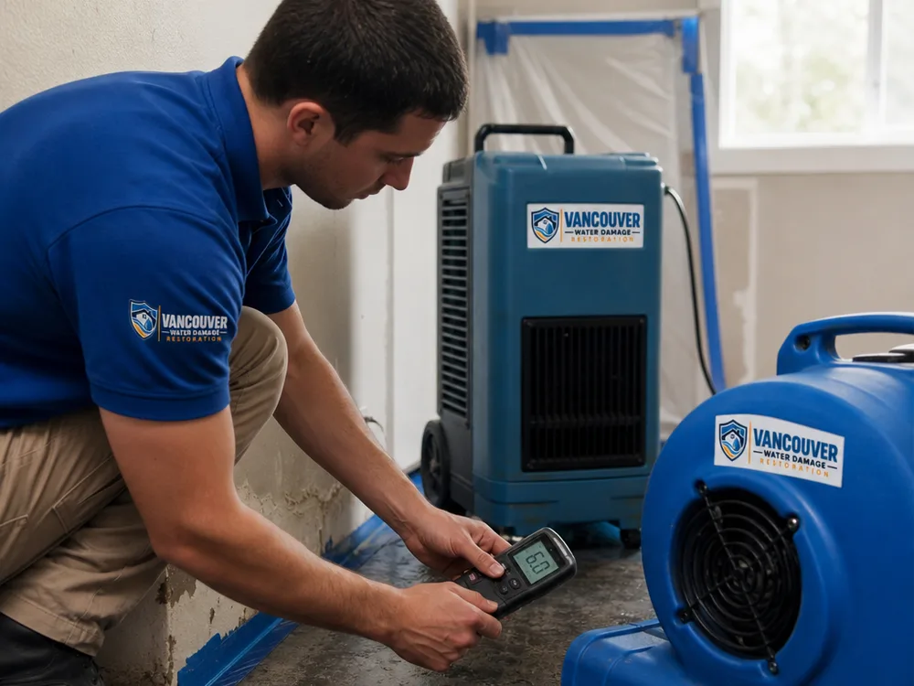 Technician using a moisture meter on drywall near a baseboard while a dehumidifier and air mover operate in the background
