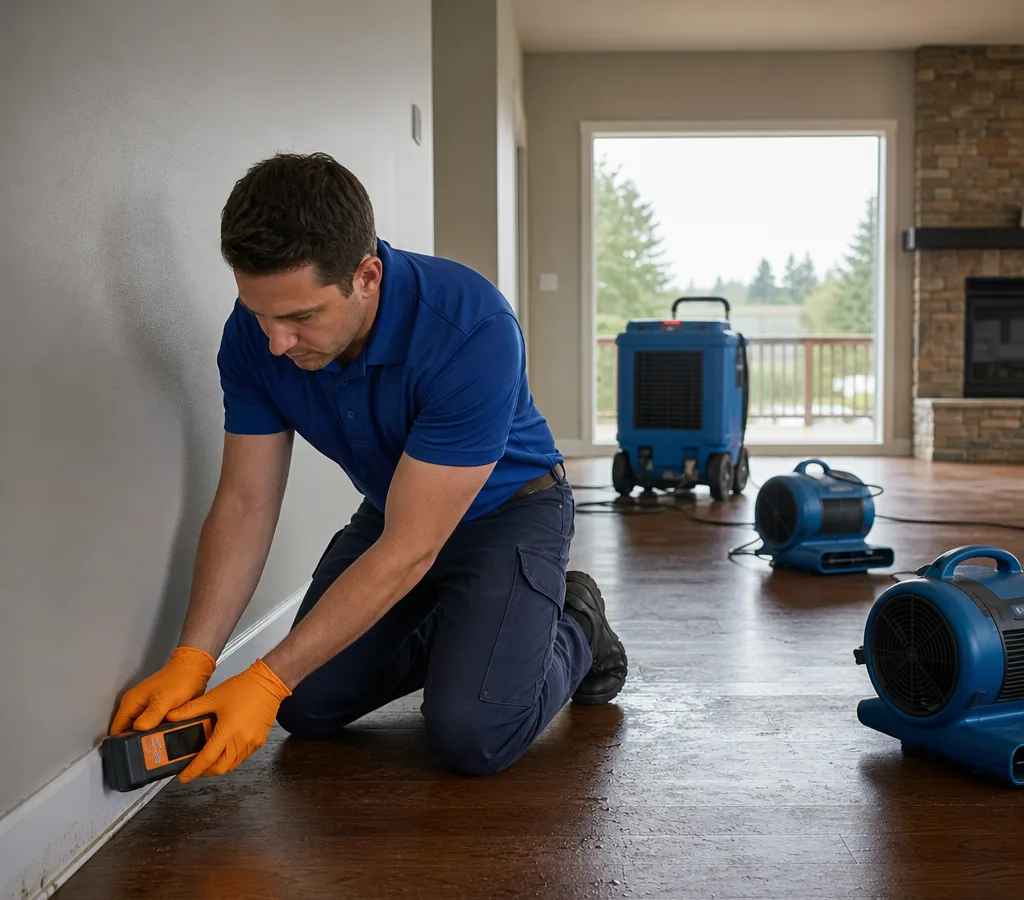 Restoration technician using a moisture meter in a Vancouver, WA home with air movers and a dehumidifier running in the background