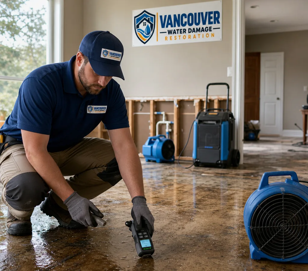 Restoration technician using a moisture meter in a Vancouver, WA home with air movers and a dehumidifier running in the background