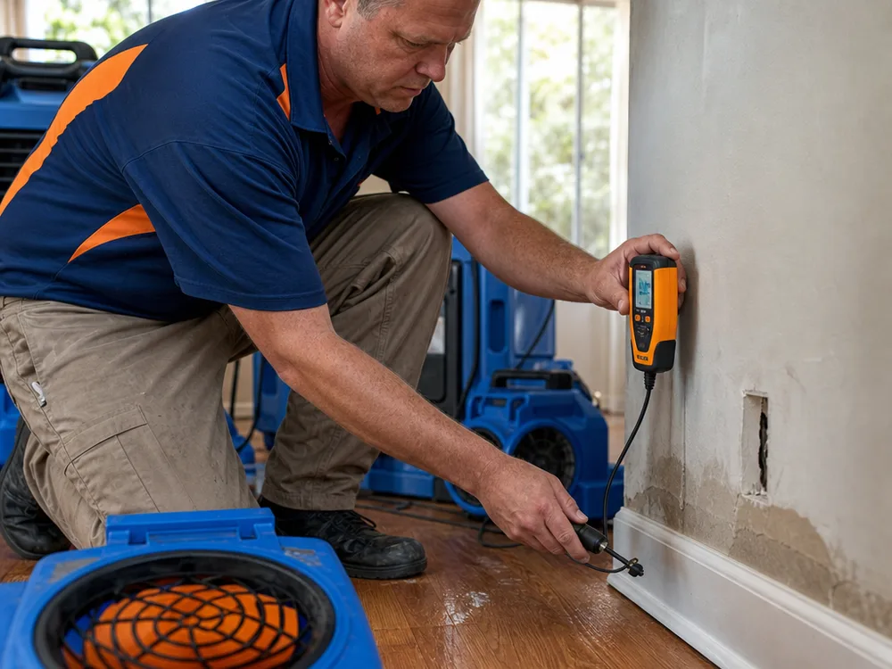 Close-up of a moisture map and meter readings on drywall and baseboards, with drying equipment positioned in a living room after a water loss