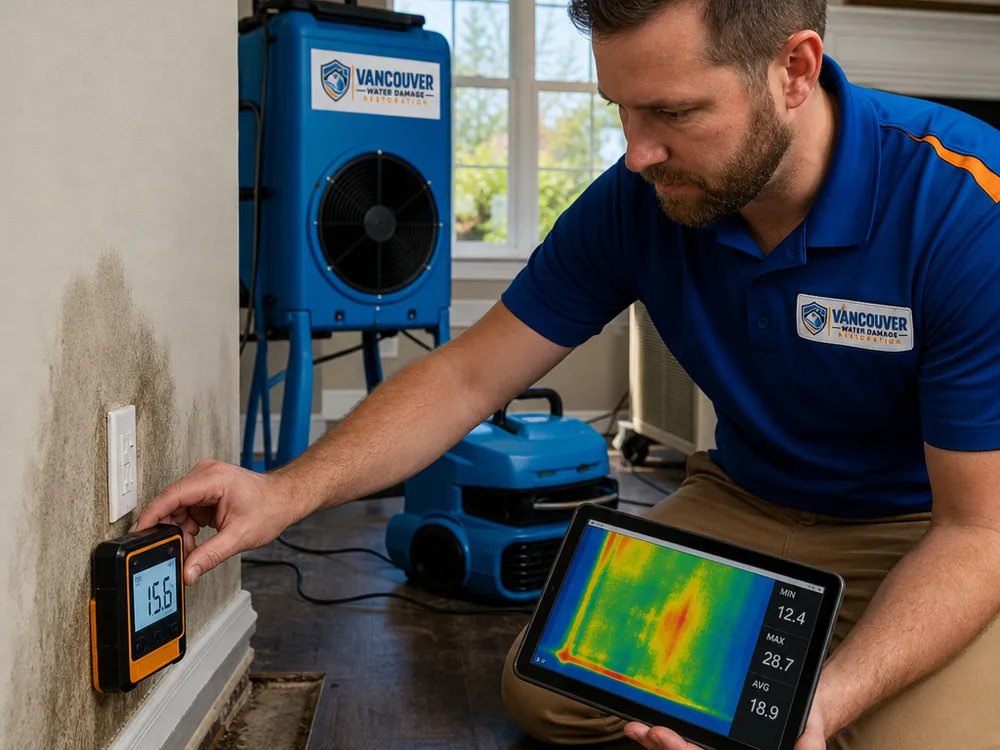 Close-up of a moisture map and meter readings on drywall and baseboards, with drying equipment positioned in a living room after a water loss