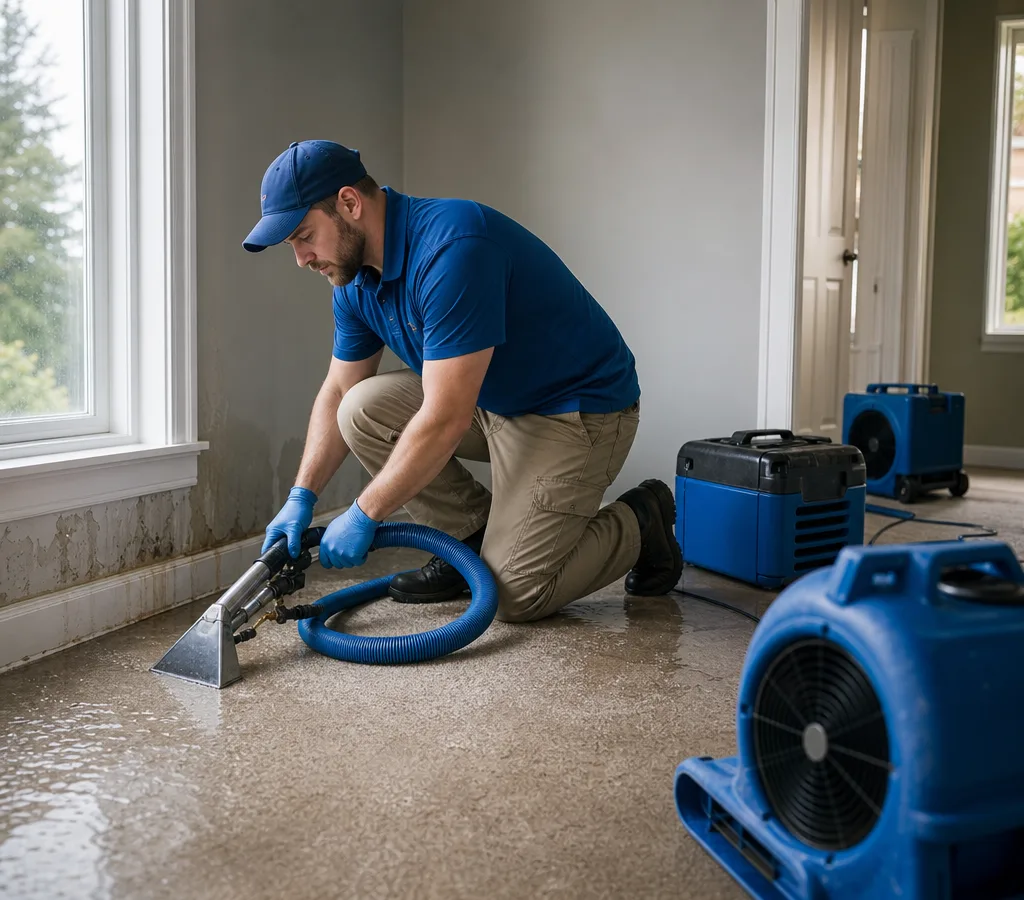 Technician in protective gear extracting water from a residential room with wet carpet and baseboards while drying equipment is staged nearby