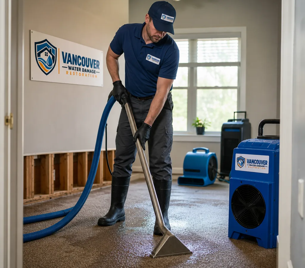 Technician in protective gear extracting water from a residential room with wet carpet and baseboards while drying equipment is staged nearby