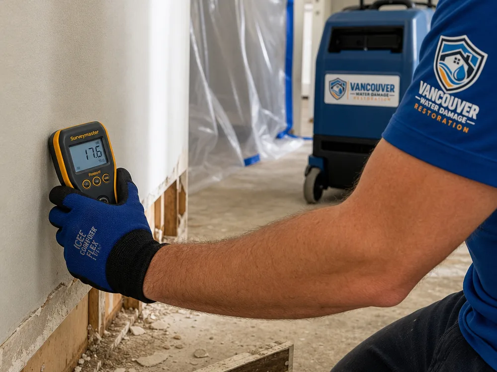 Moisture meter reading on drywall beside a removed baseboard with containment plastic and a dehumidifier in the background