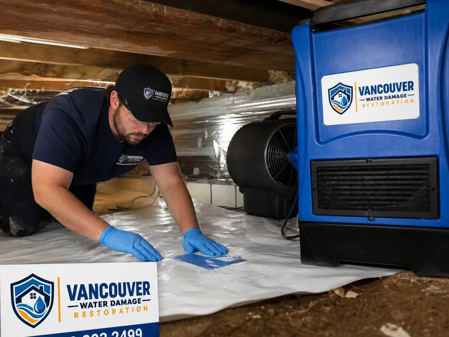 Technician in a crawl space placing a vapor barrier patch with dehumidification and air-moving equipment nearby