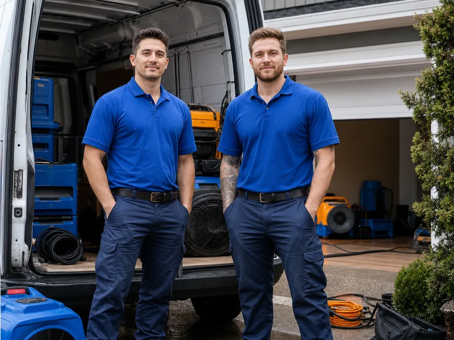 Two restoration technicians with a service vehicle and drying equipment outside a home
