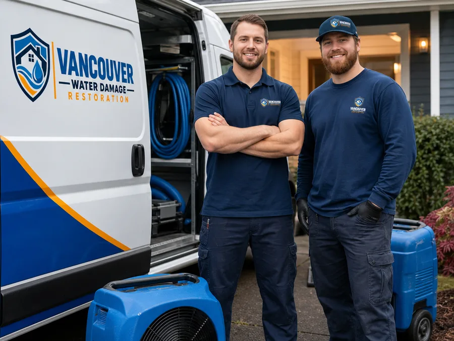 Two restoration technicians with a service vehicle and drying equipment outside a home